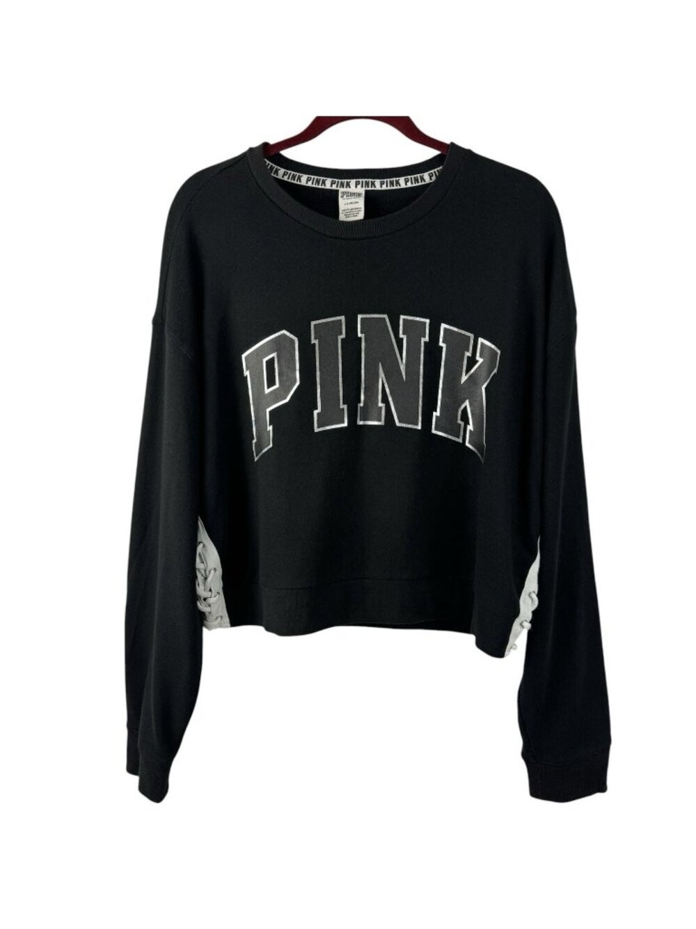 PINK Victoria's Secret Sweatshirt L Black Cropped Spell Out Lace Up Sides